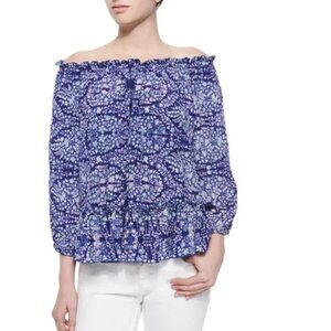 Rebecca Taylor Indigo Combo Floral Paisley Silk Off the Shoulder Blouse Sz 2 B18